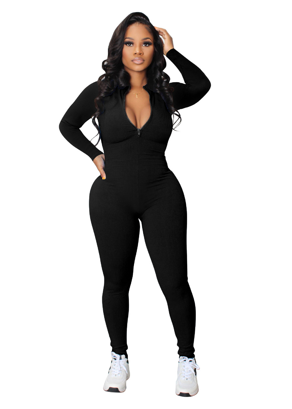 Fall Winter Knitted Ribbed Jumpsuits Women Long Sleeve Bodycon Rompers Solid Zipper Jumpsuits One Piece Outfits Skinny Overalls leggings Casual Street