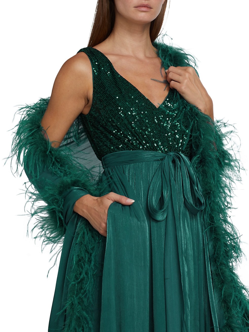 2 Pieces Elegant Prom Dresses A-line V-neck Sleeveless Tulle Sequins Shawl with Feather Backless Floor Length Zipper Custom Made Evening Dress Plus Si