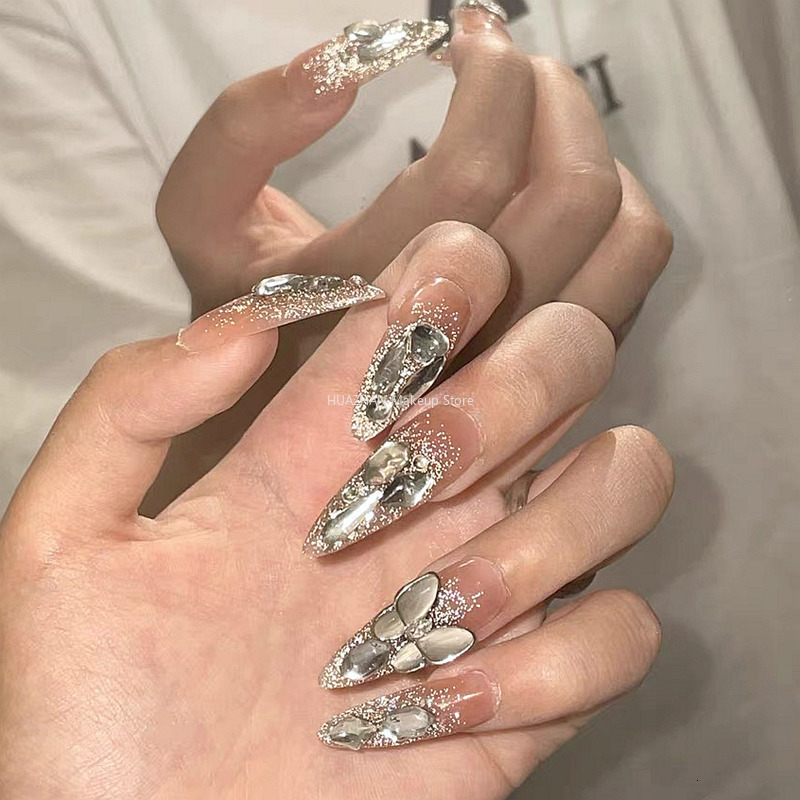 False Nails Bling Tips Glitter Butterfly Press On French Handmade Long Stiletto Fake Nail With Glue Gift 230114