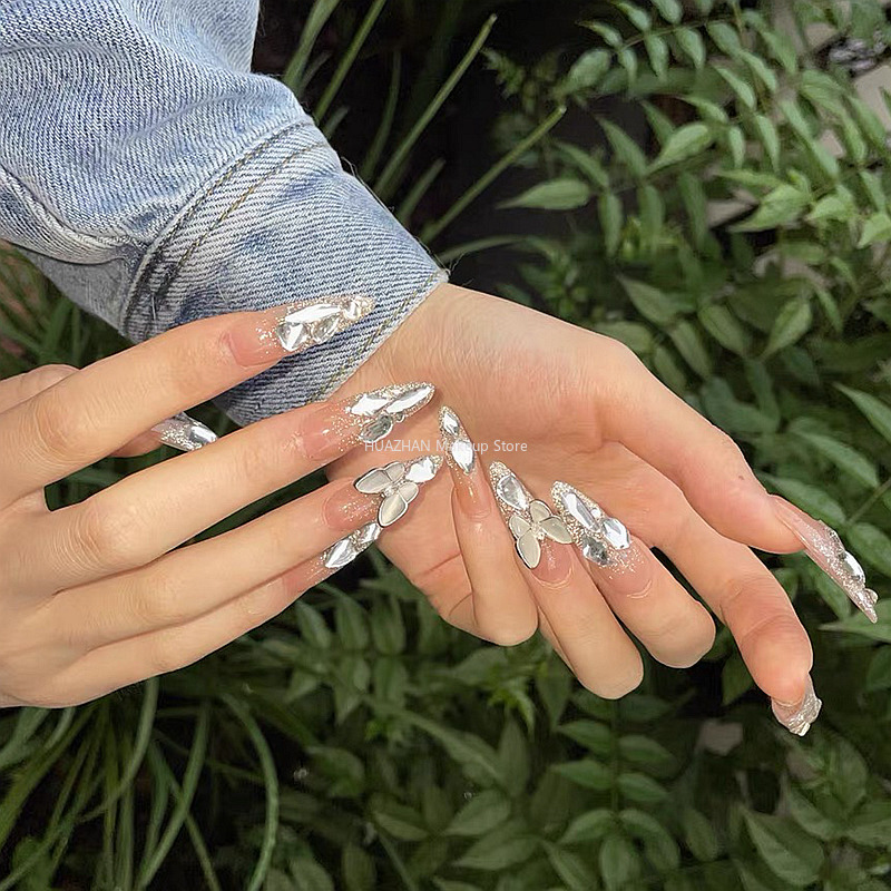 False Nails Bling Tips Glitter Butterfly Press On French Handmade Long Stiletto Fake Nail With Glue Gift 230114