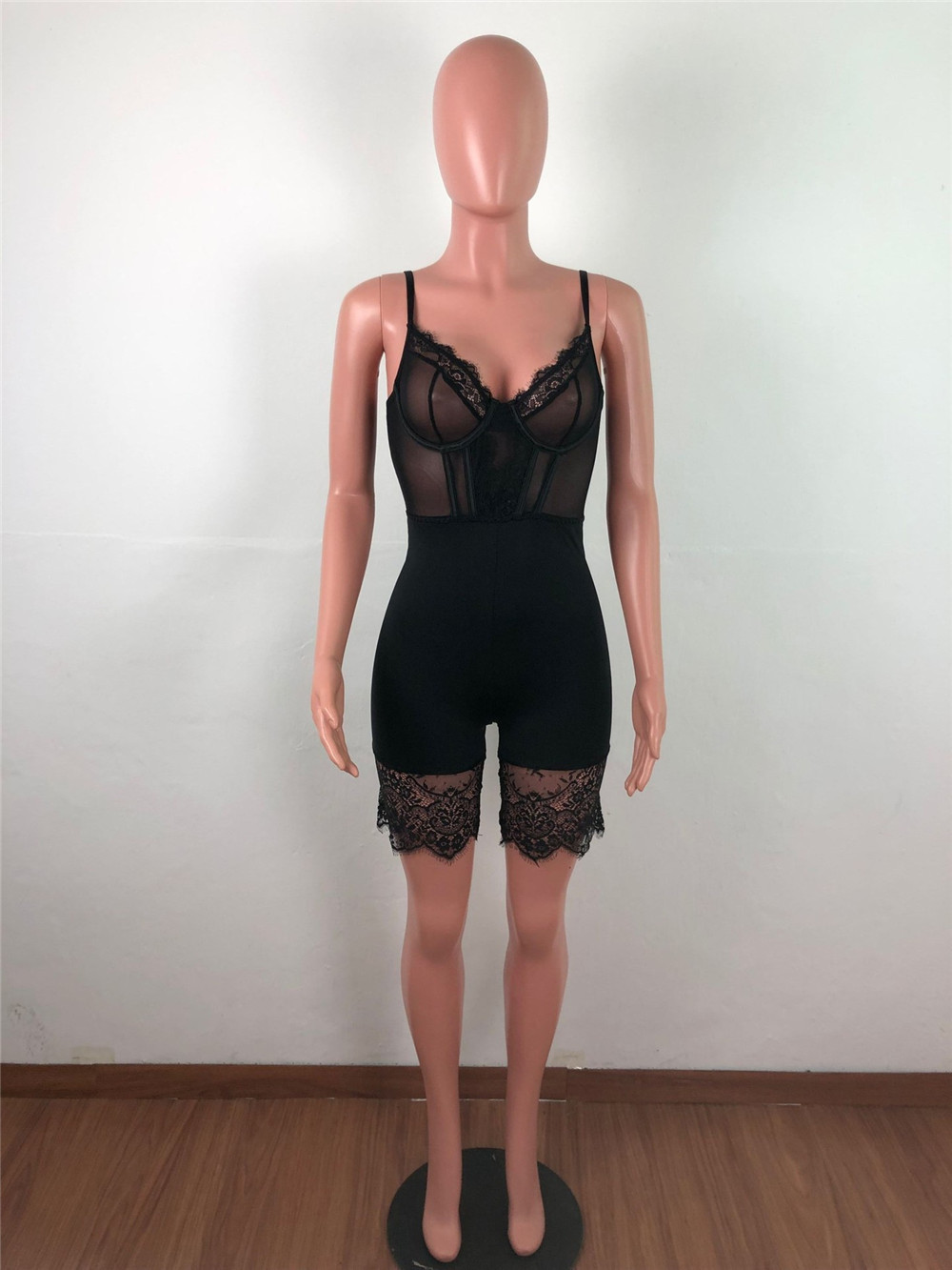 XS Sexy Spaghetti Strap Jumpsuits Women Spring Summer Bodycon Rompers Solid Sleeveless Lace Playsuits See Through Clothes One Piece Outfits Skinny Ove