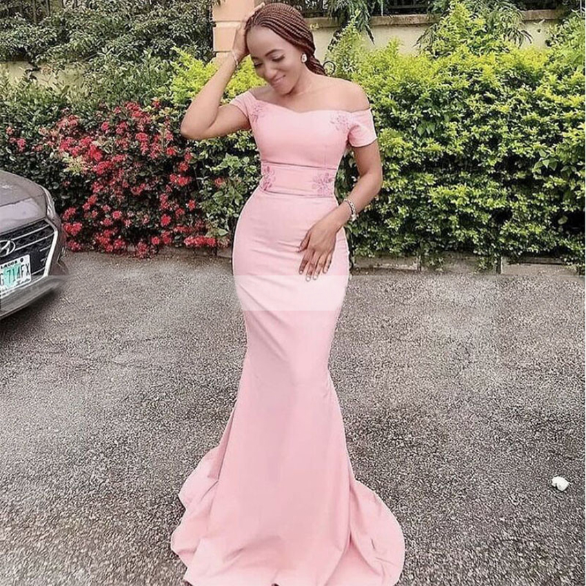 Off Shoulder Short Sleeves Bridesmaid Dresses Light Pink Mermaid Long Formal Dress Women Elegant Maid Of Honor Party Gowns