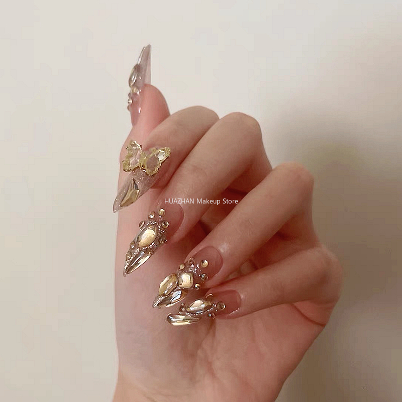 False Nails Bling Tips Glitter Butterfly Press On French Handmade Long Stiletto Fake Nail With Glue Gift 230114