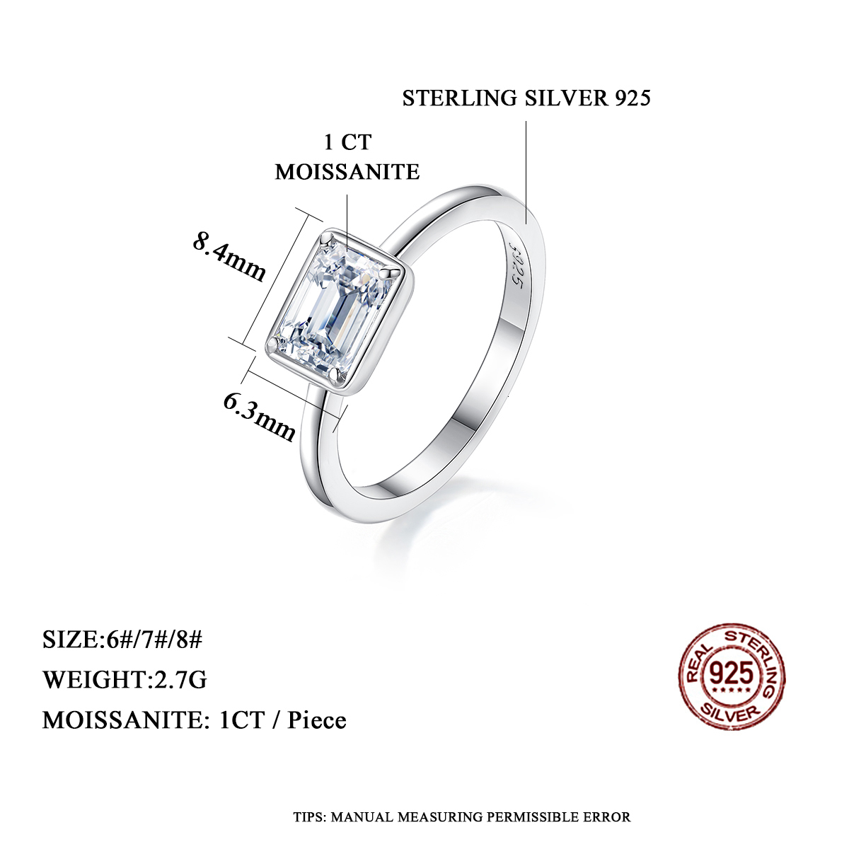 Wedding Rings Classic Emerald Cut Ring Sterling Silver 925 1 CT Created Diamond Engagement Wedding Rings For Women 230113