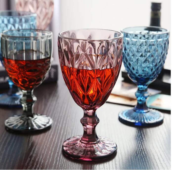 Wholesale 300ml wine glasses 10oz Vintage Pattern European style embossed stained lamp thick goblets for Party Wedding