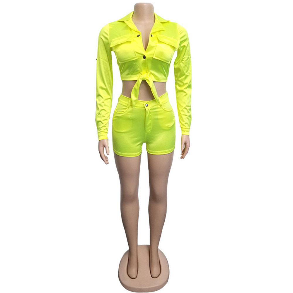 Spring Tracksuits Women outfits Two Piece Sets Long Sleeve Bandage Shirt and Shorts 2pcs Matching Sets Casual Solid Suits Active Sportswear 9200