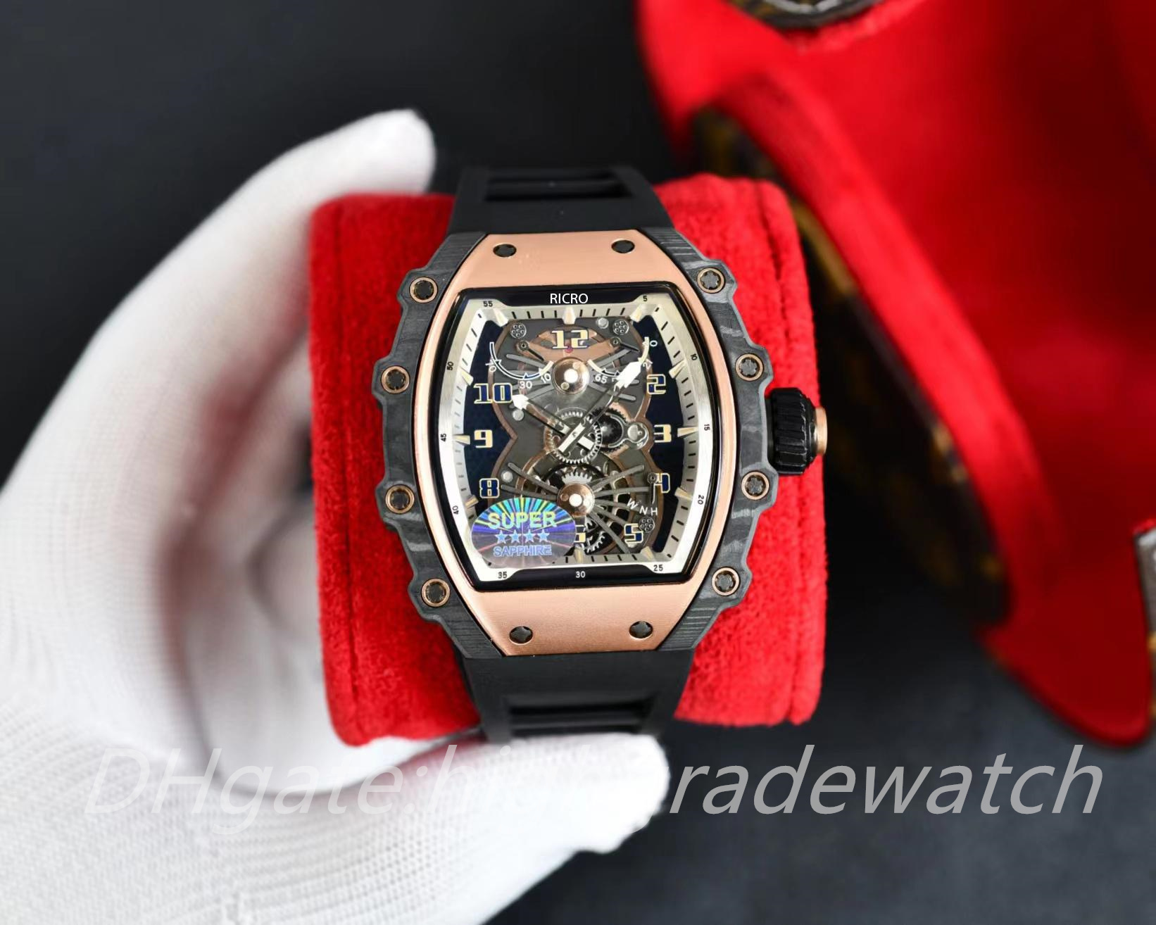 Men's watch Montre De Luxe automatic mechanism movement carbon fiber case rubber strap butterfly buckle RICRO designer watch, As picture
Men's watch Montre De Luxe automatic mechanism movement carbon fiber case rubber strap butterfly buckle RICRO designer watch, As picture