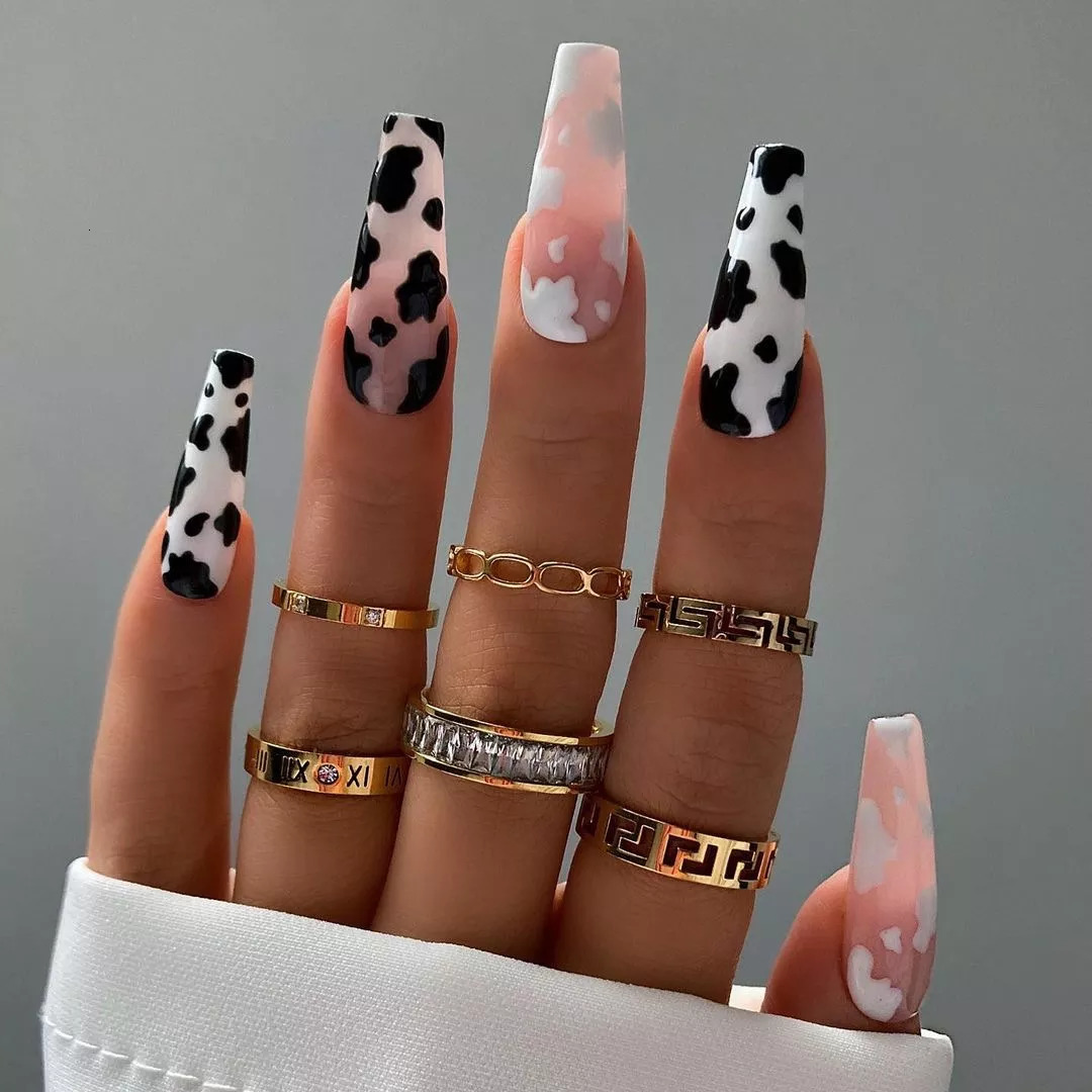 False Nails Long Coffin Fake Black And White Plaque French Ballerina Artificial Full Cover Tips Press On 230114