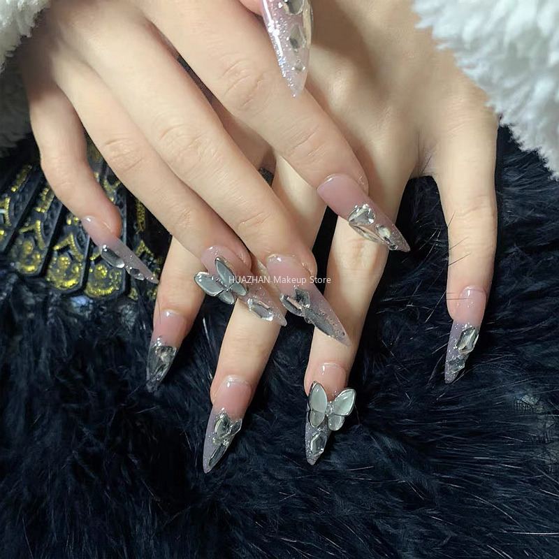False Nails Bling Tips Glitter Butterfly Press On French Handmade Long Stiletto Fake Nail With Glue Gift 230114