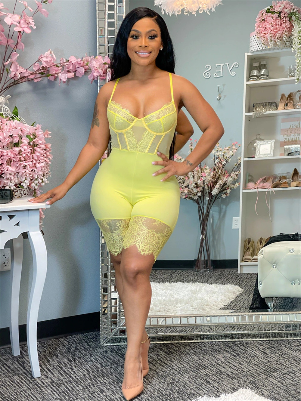 XS Sexy Spaghetti Strap Jumpsuits Women Spring Summer Bodycon Rompers Solid Sleeveless Lace Playsuits See Through Clothes One Piece Outfits Skinny Ove