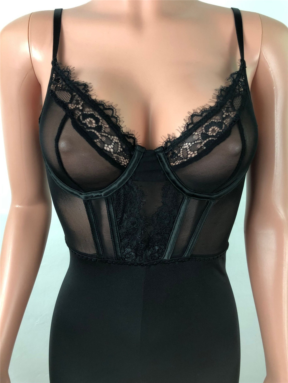 XS Sexy Spaghetti Strap Jumpsuits Women Spring Summer Bodycon Rompers Solid Sleeveless Lace Playsuits See Through Clothes One Piece Outfits Skinny Ove