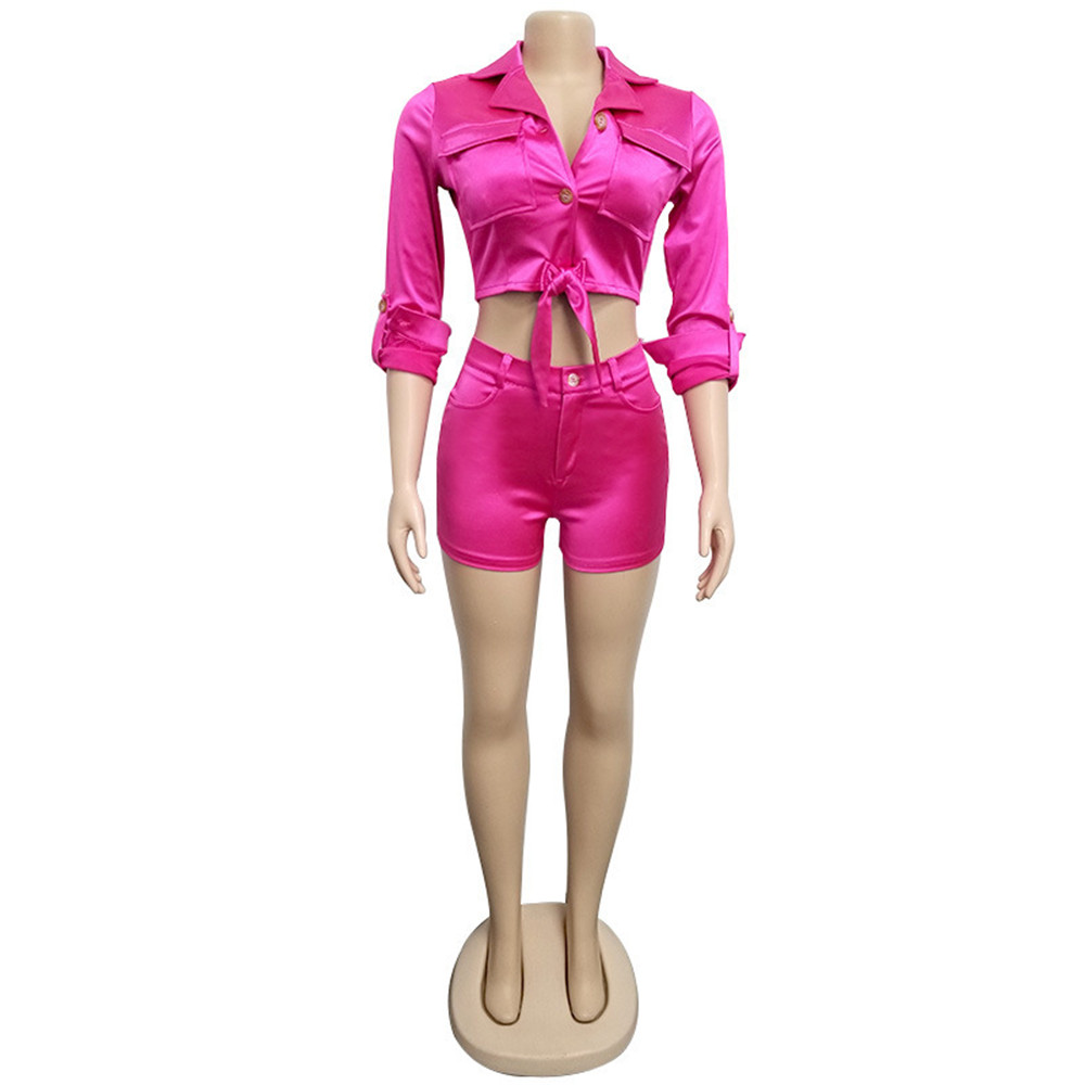 Spring Tracksuits Women outfits Two Piece Sets Long Sleeve Bandage Shirt and Shorts 2pcs Matching Sets Casual Solid Suits Active Sportswear 9200