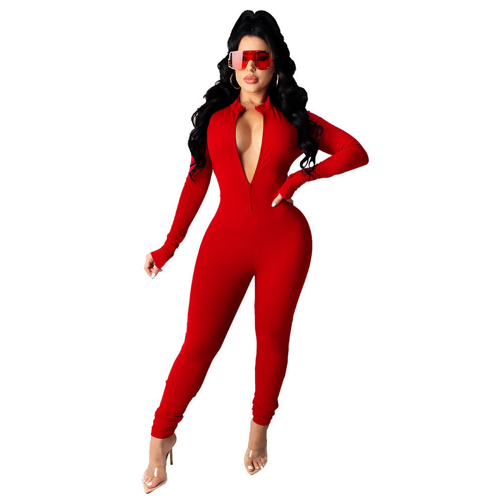 Designer jumpsuits Women Fall Winter Long Sleeve Bodycon Rompers Solid Zipper Jumpsuits One Piece Outfits Skinny Overalls leggings Casual Streetwear 8
