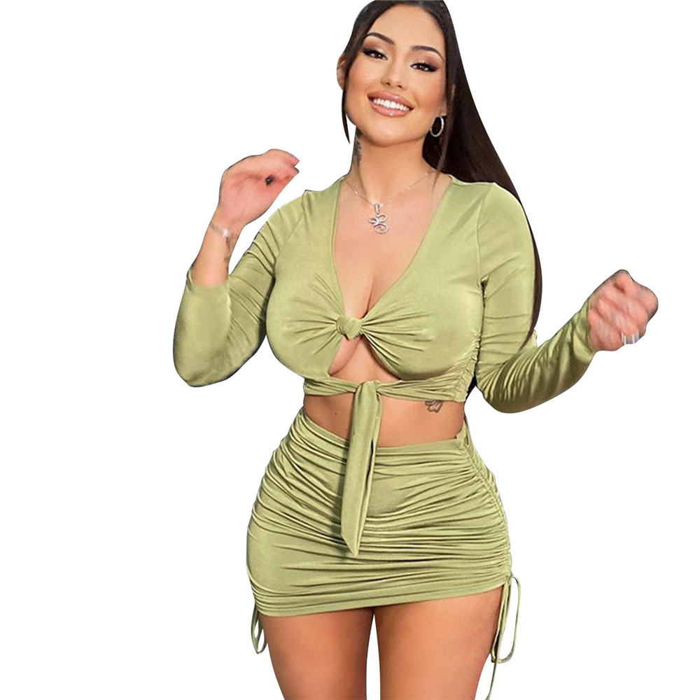 Designer New Designer Dress Sets Women Spring Autumn Long Sleeve V neck Bandage Cut Out Top and Bodycon Skirt Two Piece Sets Casual Matching Tracksuit