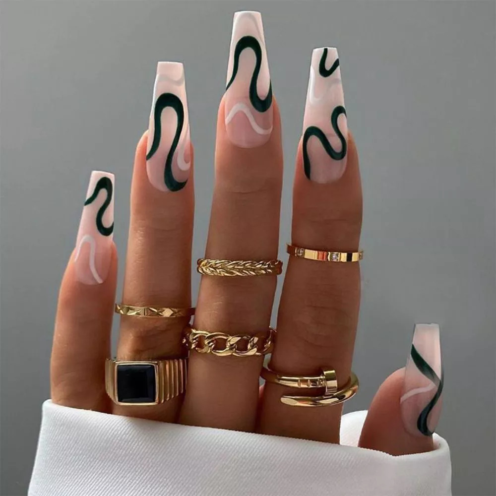 False Nails Long Coffin Fake Black And White Plaque French Ballerina Artificial Full Cover Tips Press On 230114