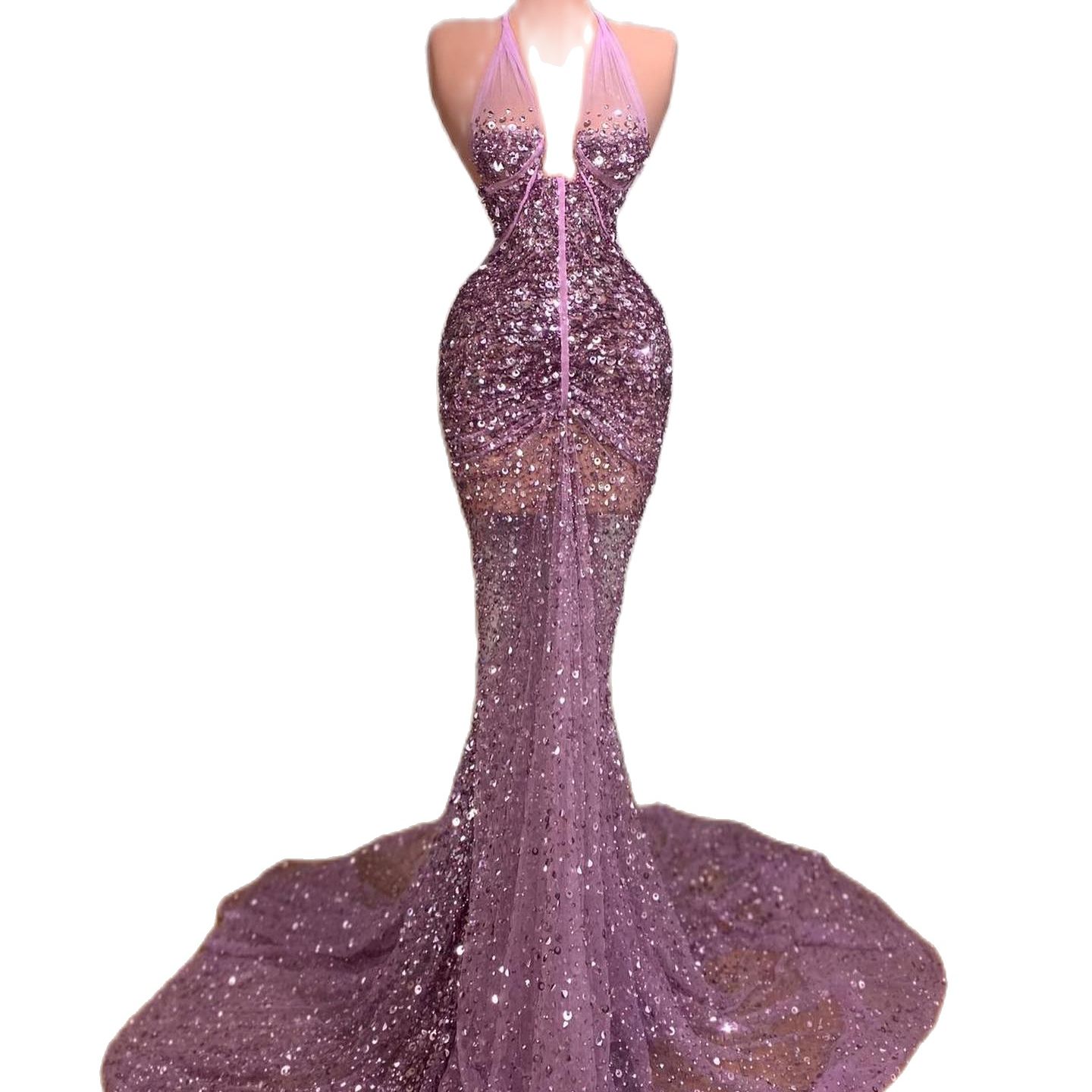 Elegant Purple Mermaid Prom Dresses See Through Sexy Halter Beads Sequins Formal Evening Occasion Gowns For Women Plus Size