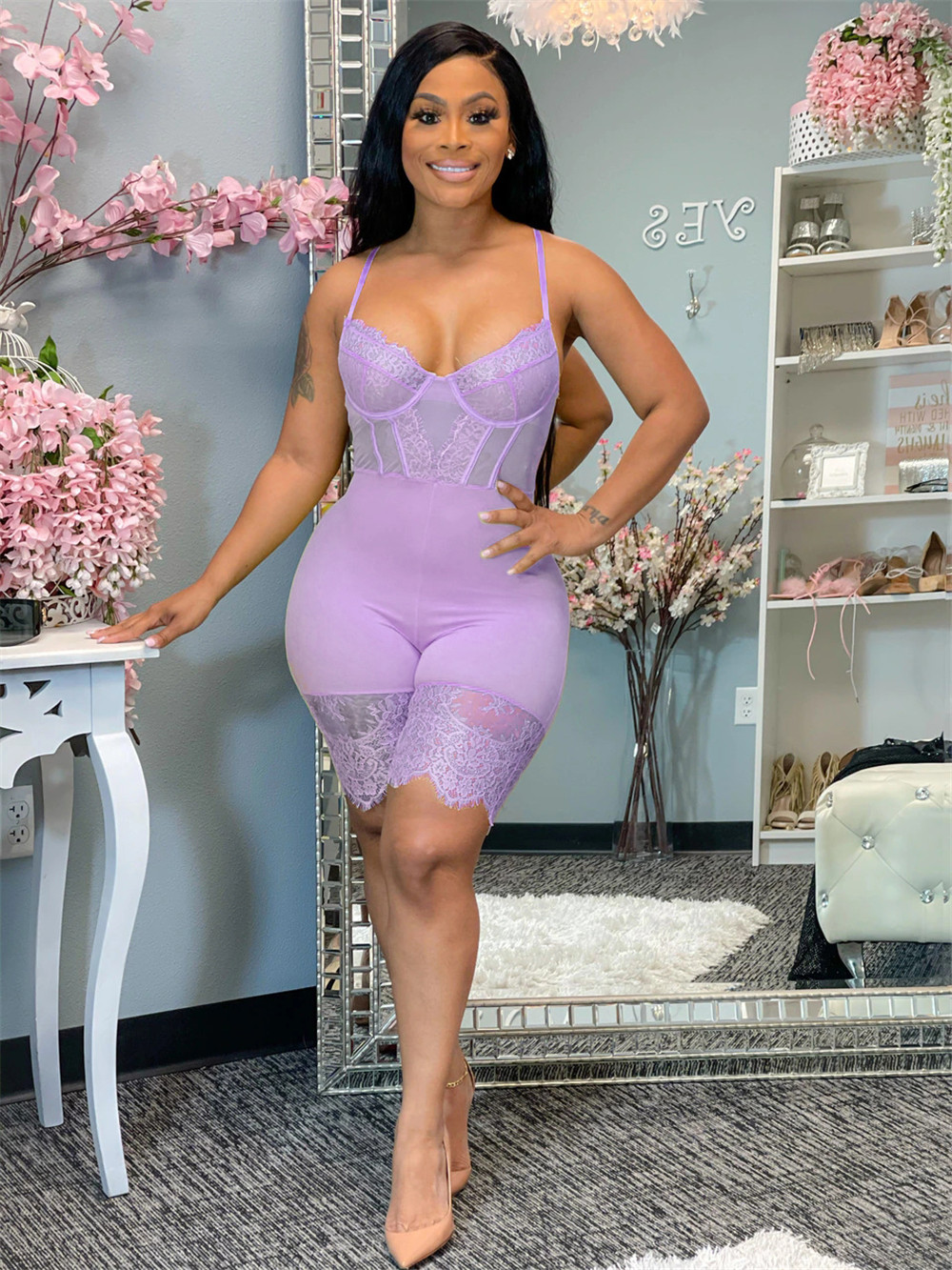 XS Sexy Spaghetti Strap Jumpsuits Women Spring Summer Bodycon Rompers Solid Sleeveless Lace Playsuits See Through Clothes One Piece Outfits Skinny Ove