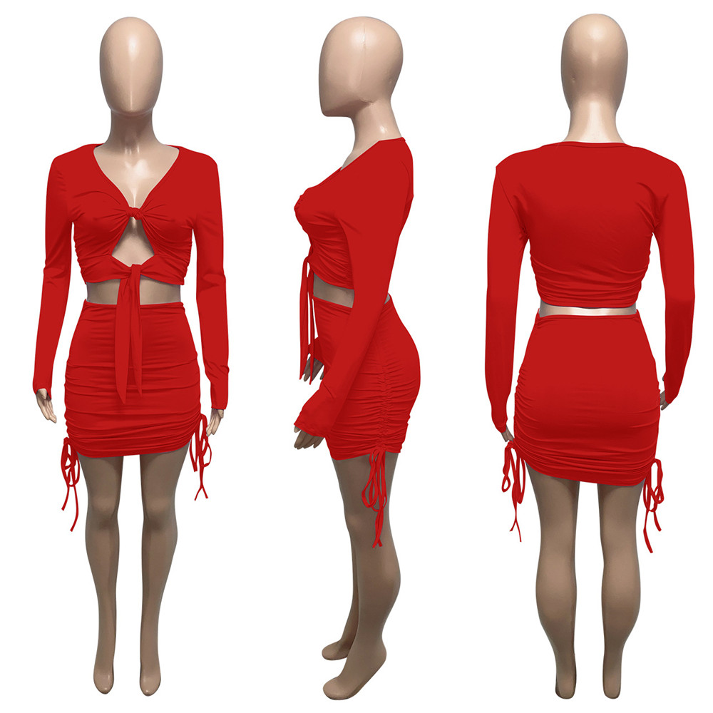 Designer New Designer Dress Sets Women Spring Autumn Long Sleeve V neck Bandage Cut Out Top and Bodycon Skirt Two Piece Sets Casual Matching Tracksuit