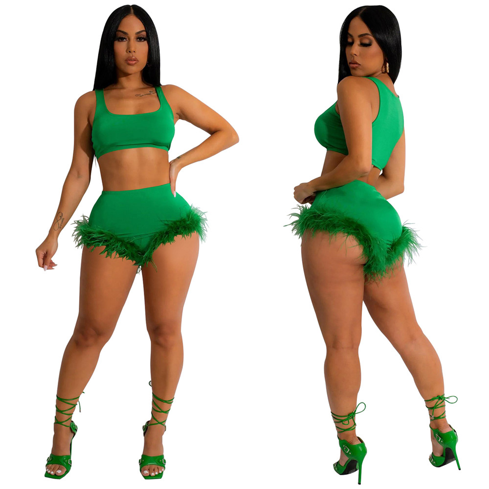 Spring Tracksuits Women outfits Two Piece Sets Summer Sleeveless tank top and Shorts with feather 2pcs Matching Sets Casual Solid Suits Active Sportsw