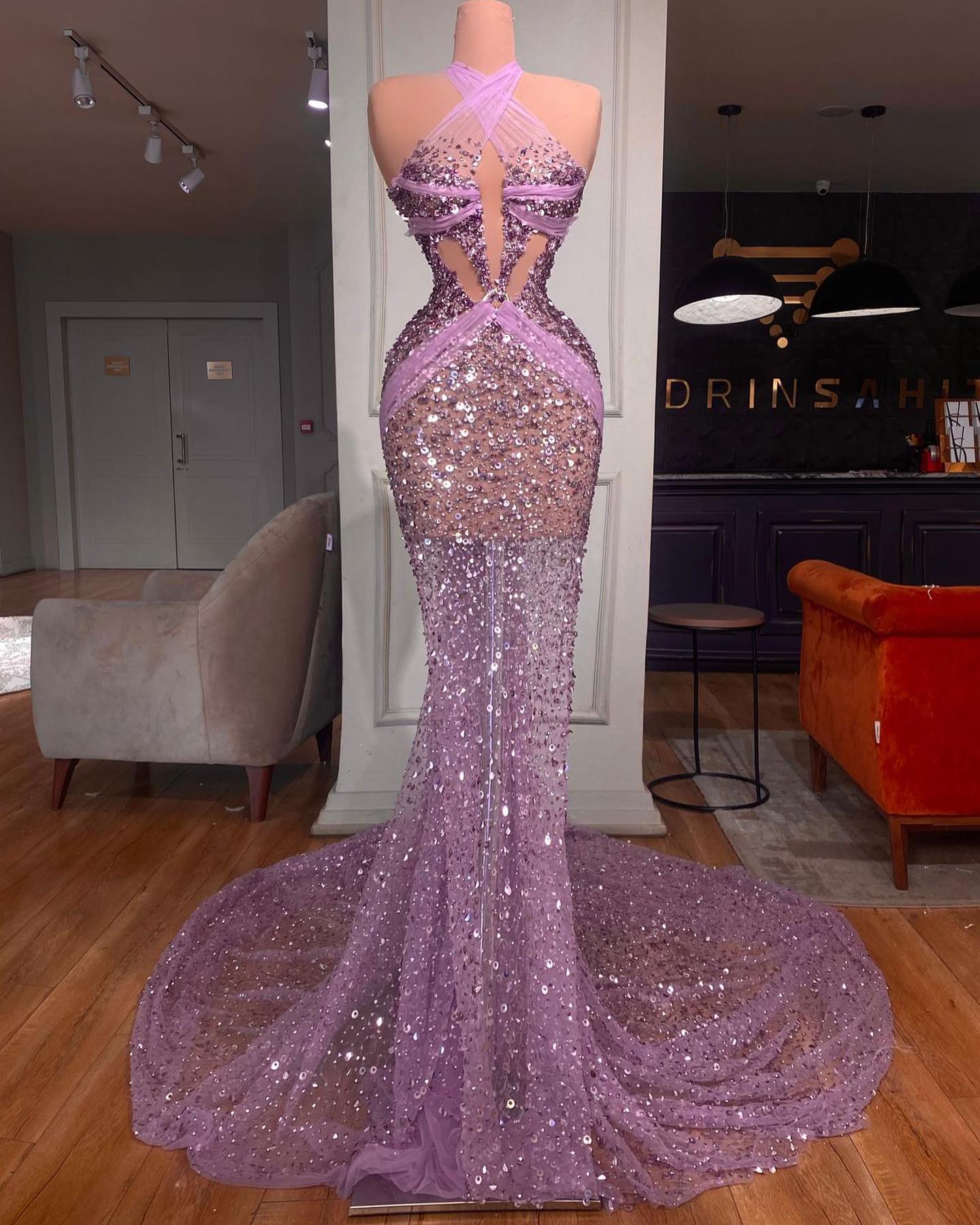 Fashion Purple Mermaid Prom Dresses Illusion Sexy Halter Beads Sequins Formal Evening Occasion Gowns For Women Plus Size