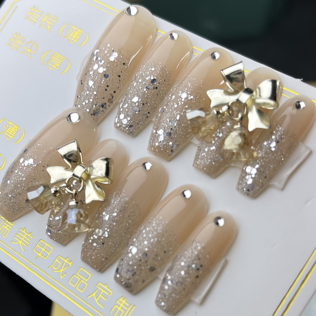 False Nails Square Head Long Jelly Fake Crystal Alloy Butterfly Design With Glue Glitter Nail Art Press on Tip Handmade Hand 1Set10pc 230114