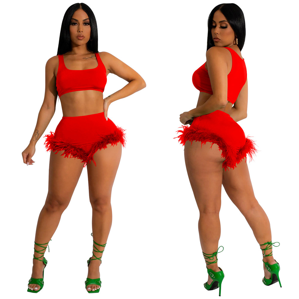 Spring Tracksuits Women outfits Two Piece Sets Summer Sleeveless tank top and Shorts with feather 2pcs Matching Sets Casual Solid Suits Active Sportsw