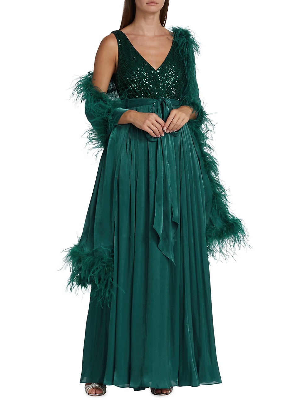 2 Pieces Elegant Prom Dresses A-line V-neck Sleeveless Tulle Sequins Shawl with Feather Backless Floor Length Zipper Custom Made Evening Dress Plus Si