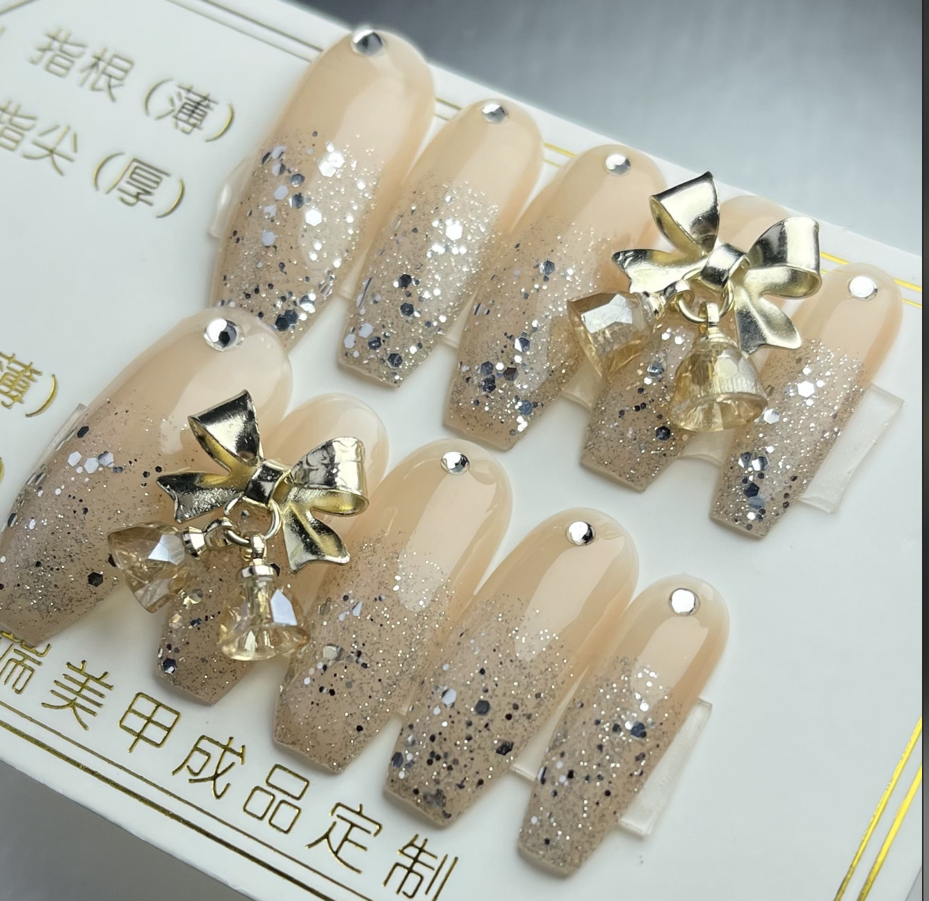 False Nails Square Head Long Jelly Fake Crystal Alloy Butterfly Design With Glue Glitter Nail Art Press on Tip Handmade Hand 1Set10pc 230114