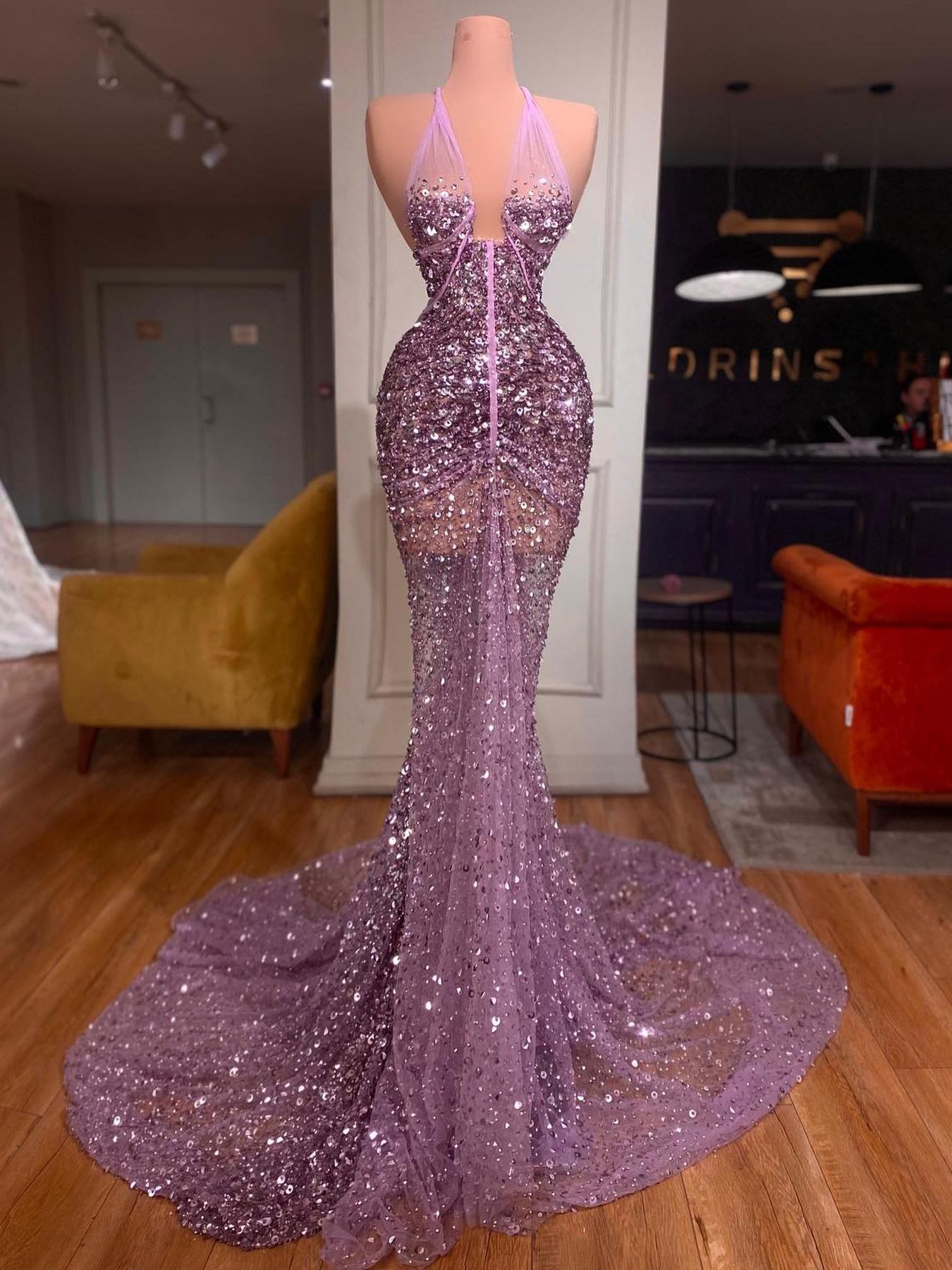 Elegant Purple Mermaid Prom Dresses See Through Sexy Halter Beads Sequins Formal Evening Occasion Gowns For Women Plus Size