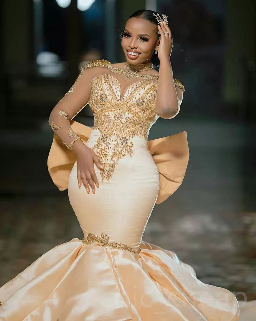2023 Arabic Aso Ebi Mermaid Champagne Prom Dresses Lace Beaded Crystals Evening Formal Party Second Reception Birthday Engagement Gowns Dress ZJ332