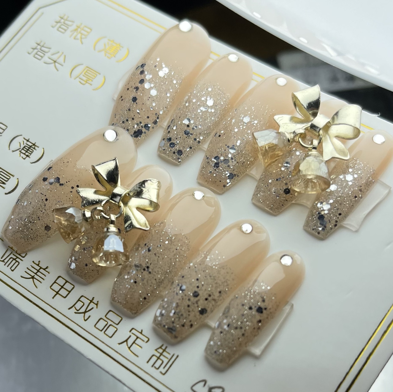 False Nails Square Head Long Jelly Fake Crystal Alloy Butterfly Design With Glue Glitter Nail Art Press on Tip Handmade Hand 1Set10pc 230114