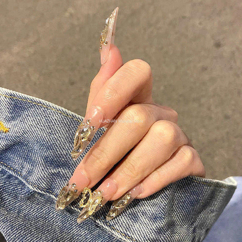False Nails Bling Tips Glitter Butterfly Press On French Handmade Long Stiletto Fake Nail With Glue Gift 230114