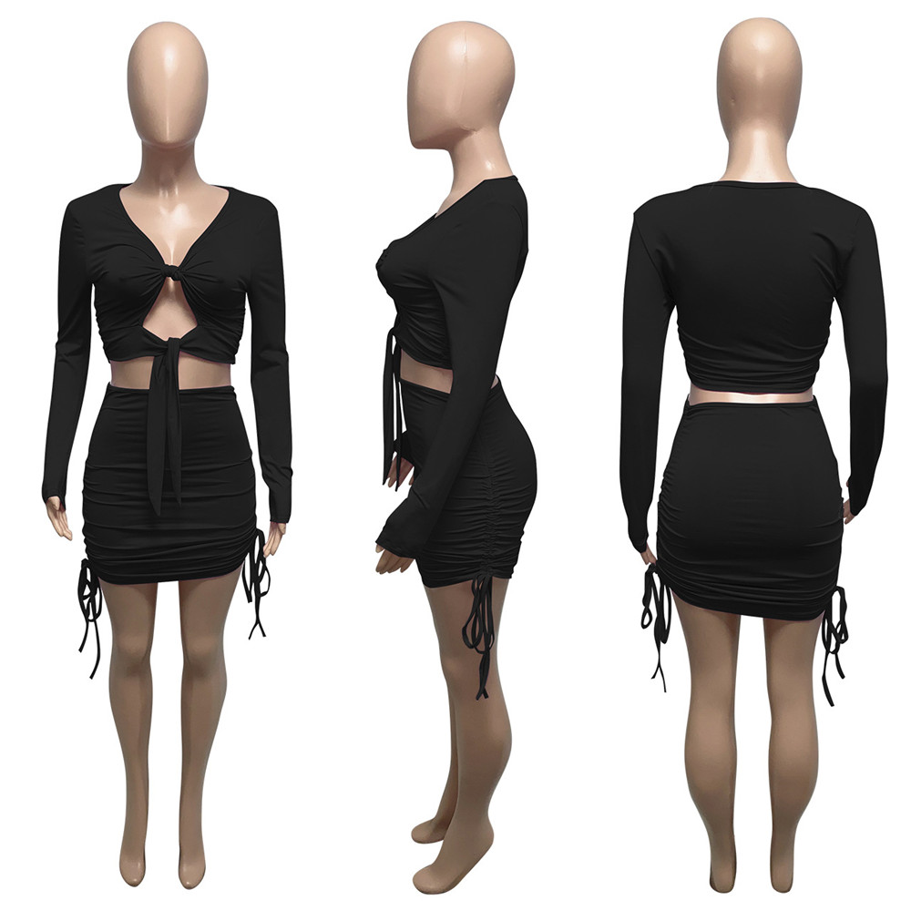 Designer New Designer Dress Sets Women Spring Autumn Long Sleeve V neck Bandage Cut Out Top and Bodycon Skirt Two Piece Sets Casual Matching Tracksuit