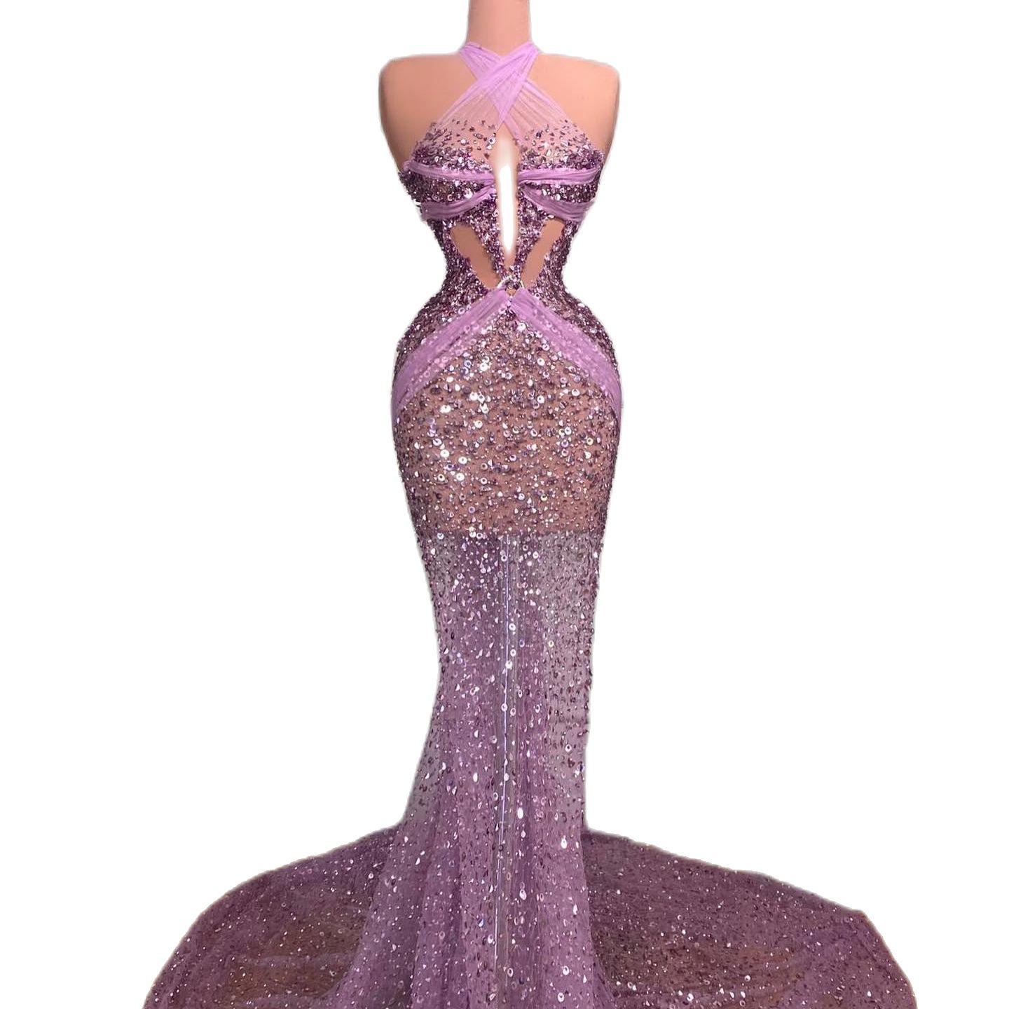 Fashion Purple Mermaid Prom Dresses Illusion Sexy Halter Beads Sequins Formal Evening Occasion Gowns For Women Plus Size