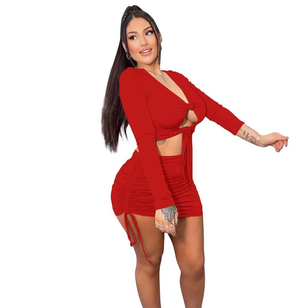 Designer New Designer Dress Sets Women Spring Autumn Long Sleeve V neck Bandage Cut Out Top and Bodycon Skirt Two Piece Sets Casual Matching Tracksuit