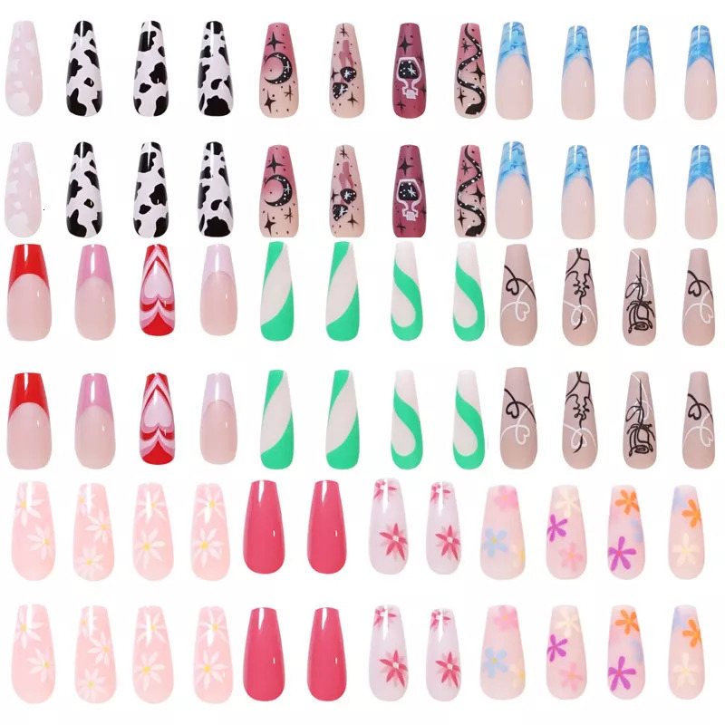 False Nails Long Coffin Fake Black And White Plaque French Ballerina Artificial Full Cover Tips Press On 230114