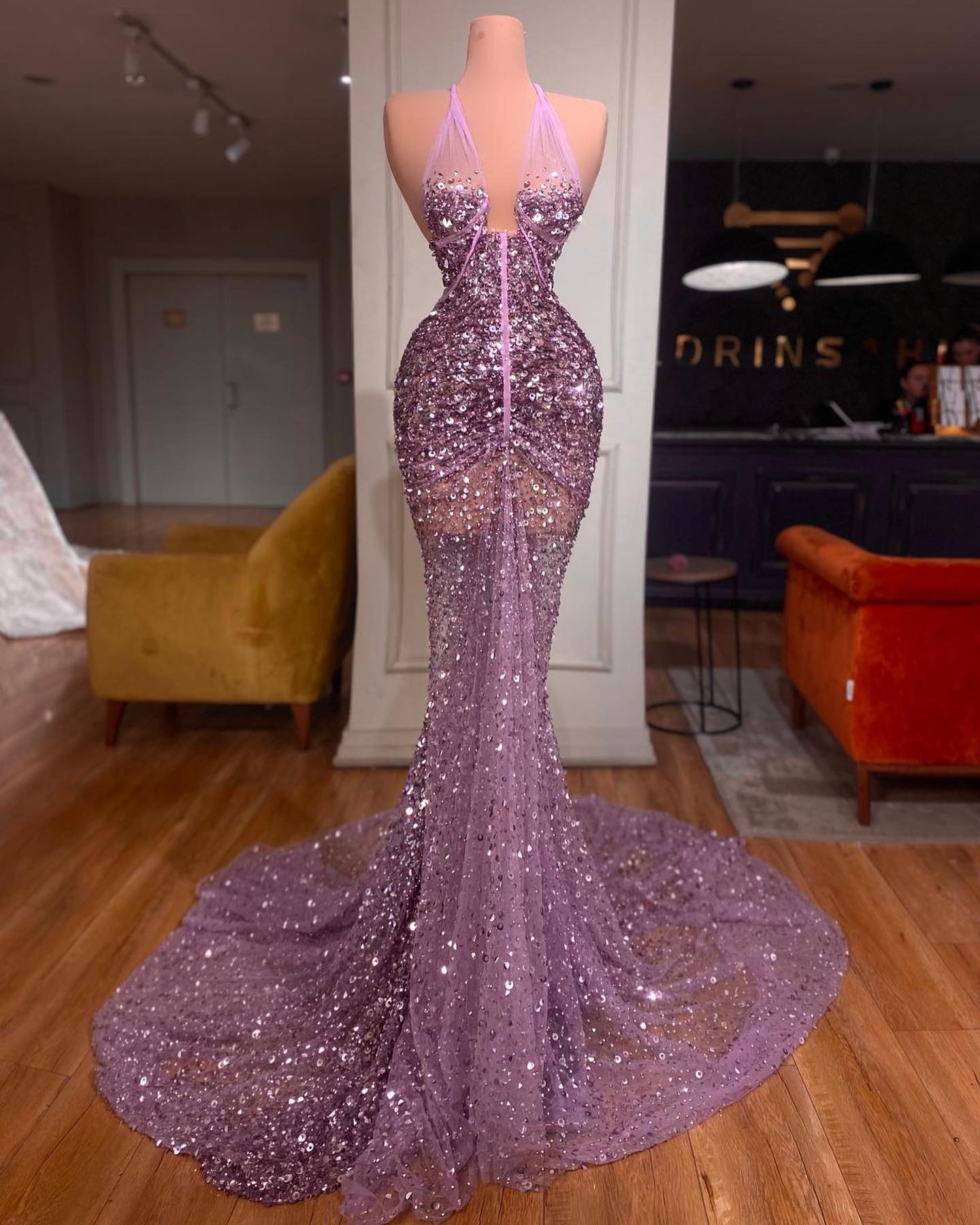 Elegant Purple Mermaid Prom Dresses See Through Sexy Halter Beads Sequins Formal Evening Occasion Gowns For Women Plus Size