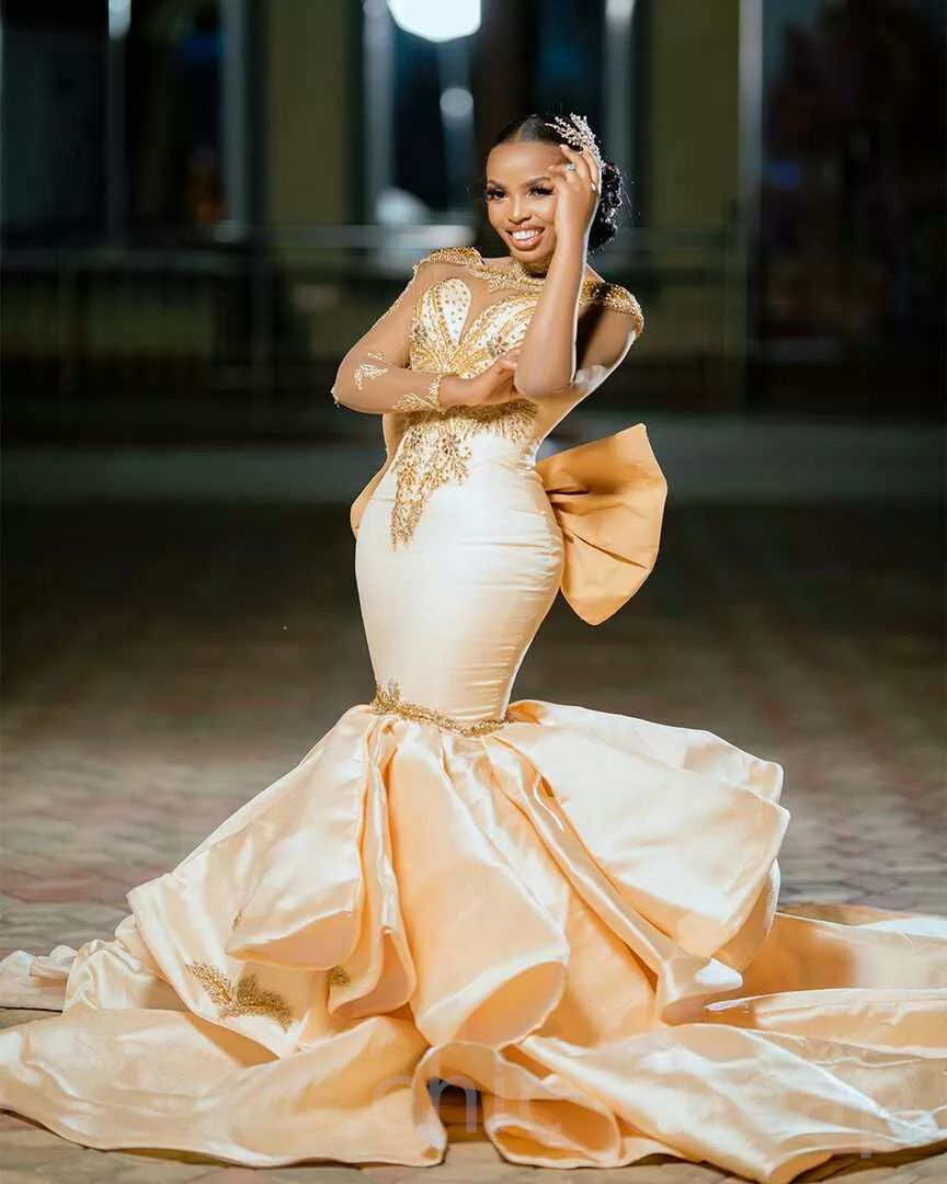2023 Arabic Aso Ebi Mermaid Champagne Prom Dresses Lace Beaded Crystals Evening Formal Party Second Reception Birthday Engagement Gowns Dress ZJ332