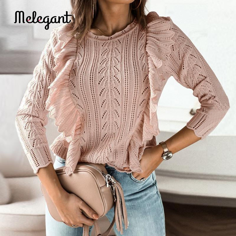 Womens Sweaters Melagant Knitted Sweater Women Autumn Winter Long Sleeve Ruffled Fashion Female Ladies Fitted Pink Pullover Jumpers