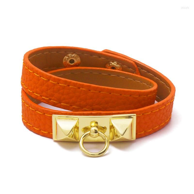 Bangle Fashion Women's Wrist Jewelry Gold Plated Steel Rivet Tower Double Layer Split Leather
