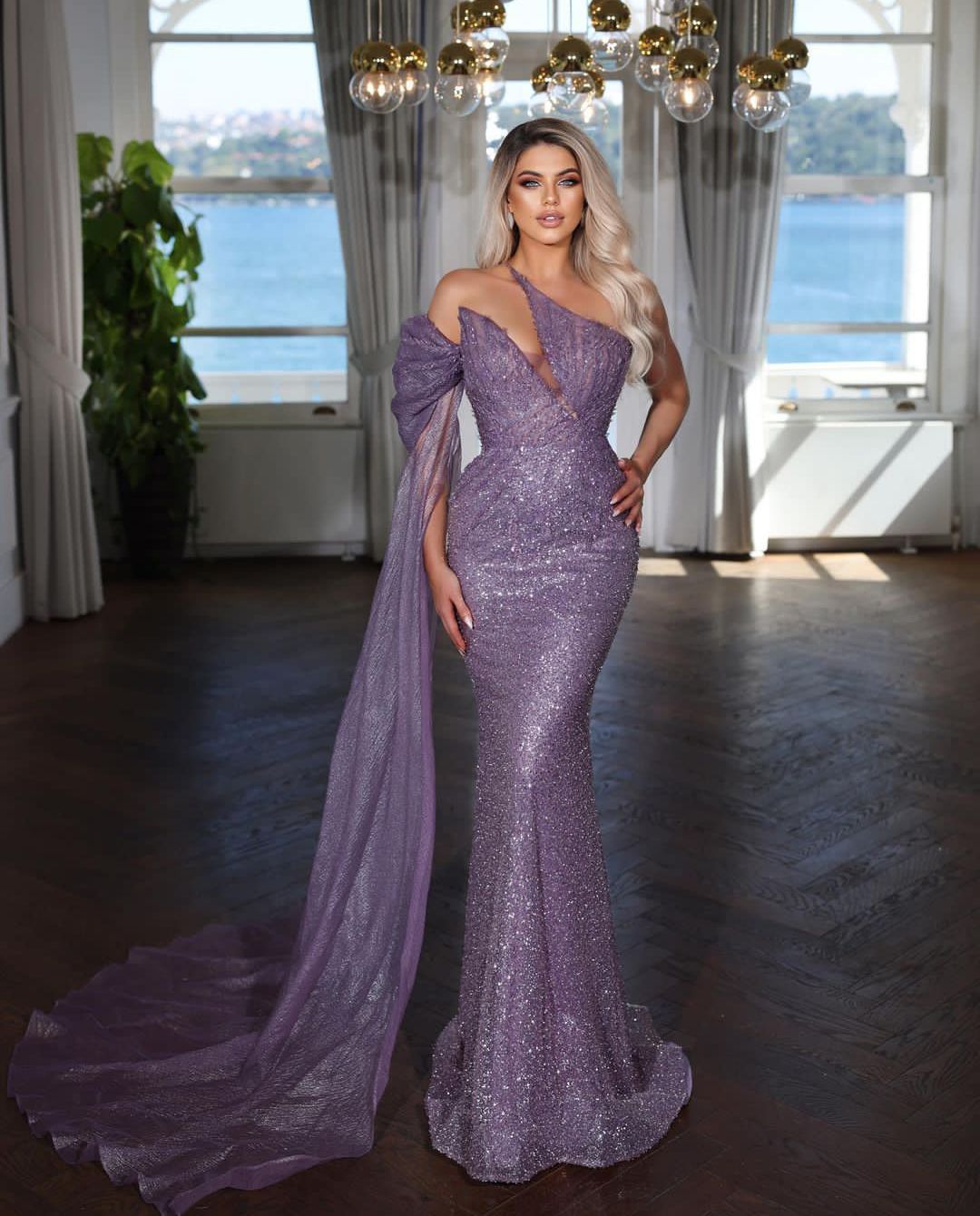 Prom Mermaid Purple V Neck Sleeveless Cape Strapless D Lace Appliques Sequins Beaded Floor Length Celebrity Formal Evening Dresses Plus Size Custom Ma