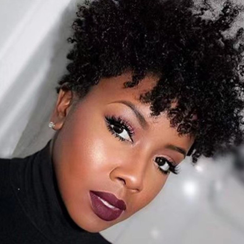 Short Pixie Curls Human Hair Ladies Wigs Afro kinki curly jerry curl for Black Womens full Machine Made Natural Color Glueless Wigs Human Hair