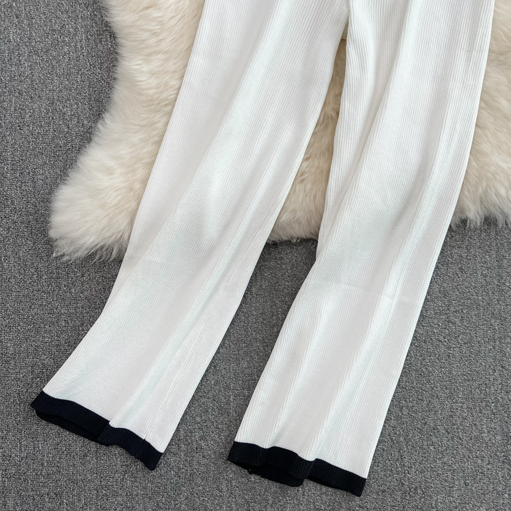 Womens cross embroidery knitted vest and sweater cardigan and wide leg long trousers 3 pcs set pants suit