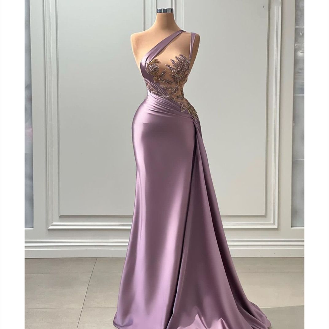 Sexy Lilac Light Purple Prom Dresses Mermaid One Shoulder Illusion Crystal Beads Evening Gowns Cutaway Sides Plus Size Formal Party Dress