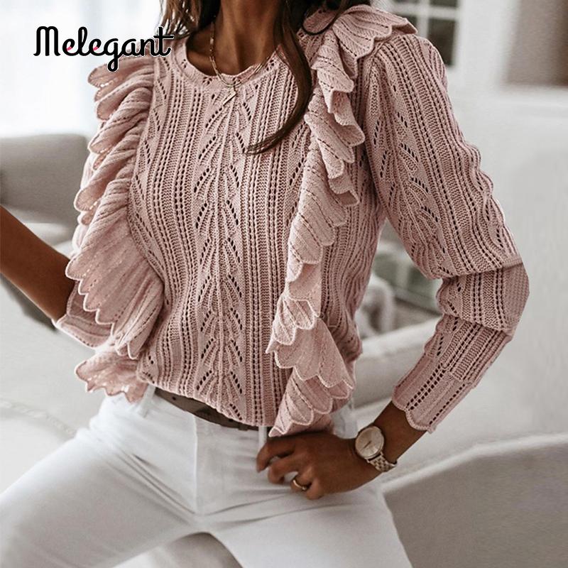 Womens Sweaters Melagant Knitted Sweater Women Autumn Winter Long Sleeve Ruffled Fashion Female Ladies Fitted Pink Pullover Jumpers
