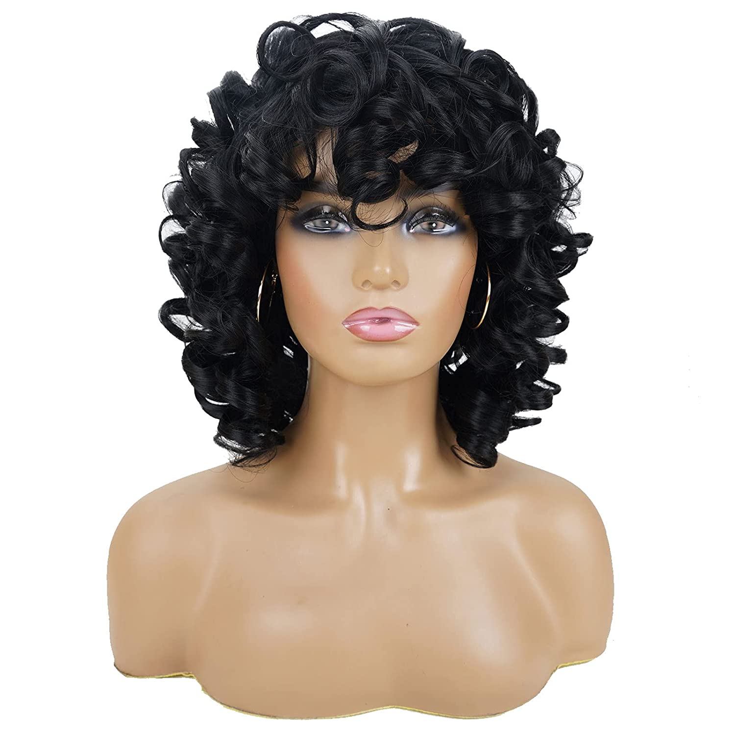 African american 100% human hair wigs Short bouncy Curly Wig with Bangs Afro Kinky Curls full machine made Natural Looking 150%