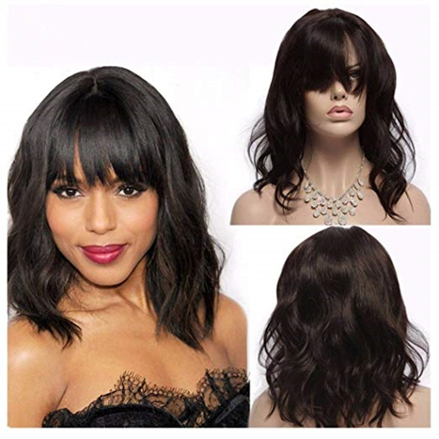 Natural wavy bob Human Hair Wigs For Women short slight wave machine made none lace Wigs Human Hair Bob Wig With curtain bang fringe