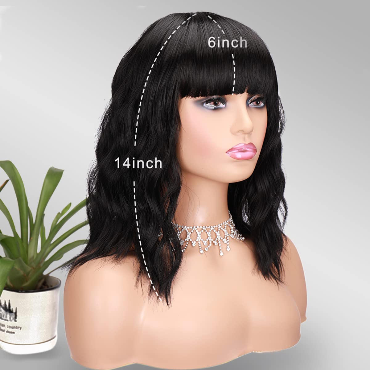 Elegant Nautral wave brazilian human hair Wig with Bangs Bob Short Curly Wigs full machine made none lace Charming wet Wavy Wigs for Black Women