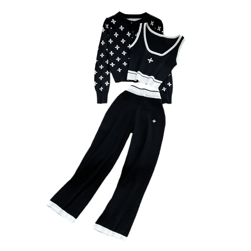 Womens cross embroidery knitted vest and sweater cardigan and wide leg long trousers 3 pcs set pants suit