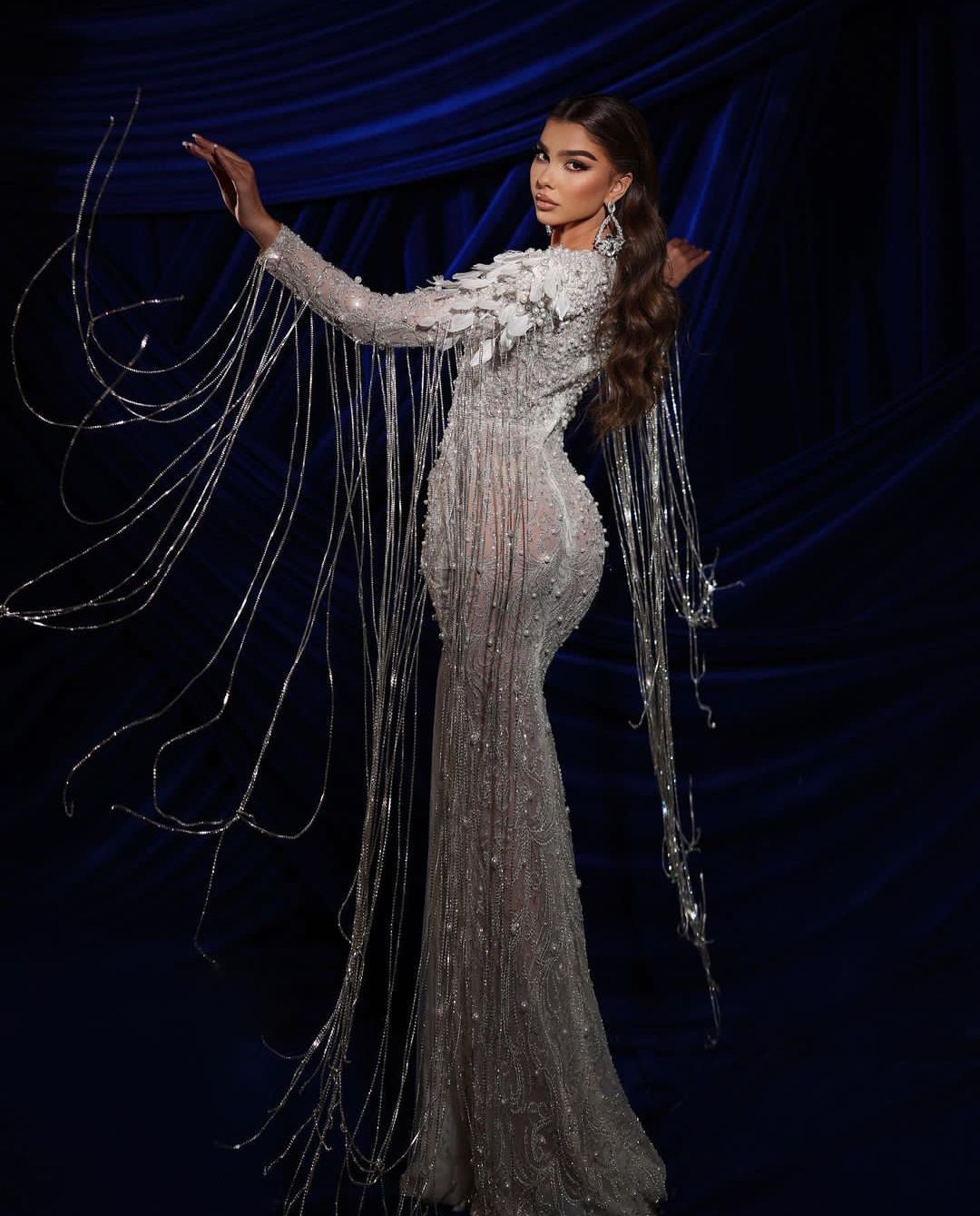 Exquisite Evening Long Sleeves V Neck 3D Lace wers Beaded Pearls Appliques Sequins or Length Celebrity Tassel Prom Gowns Party Dresses